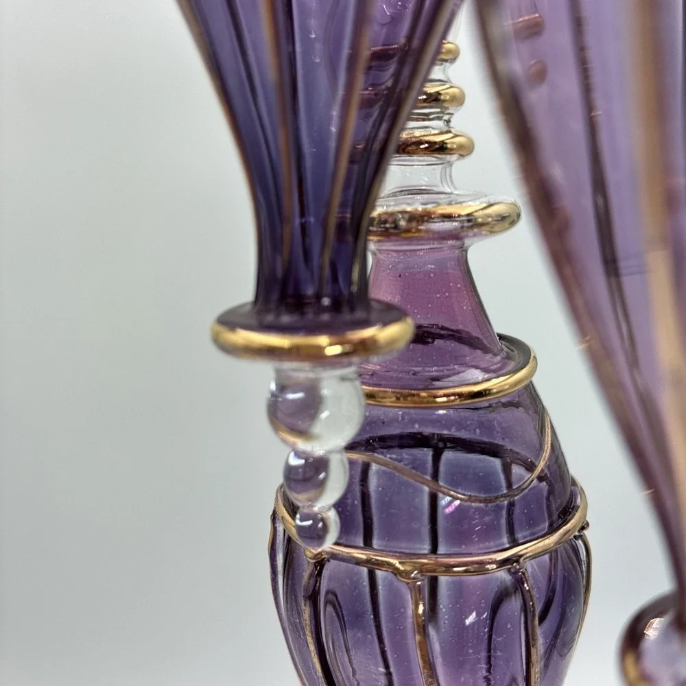 Purple Hand Blown Glass Ornaments Gold Filigree Teardrop Finial Set of 3 6